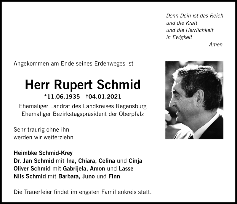  Traueranzeige für Rupert Schmid vom 09.01.2021 aus Mittelbayerische Zeitung Regensburg
