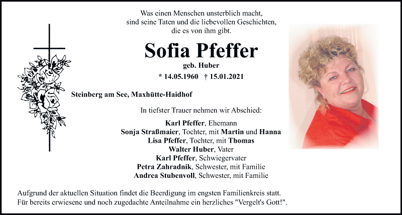  Traueranzeige für Sofia Pfeffer vom 18.01.2021 aus Mittelbayerische Zeitung Schwandorf