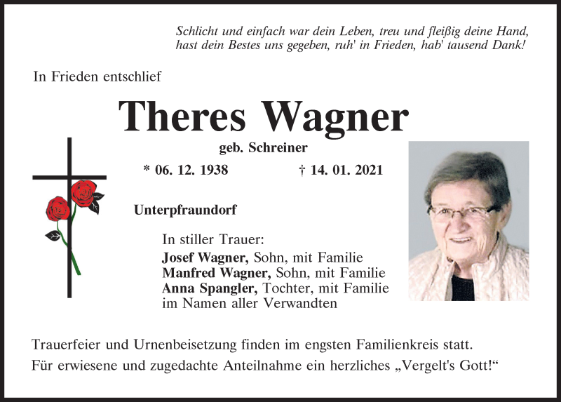  Traueranzeige für Theres Wagner vom 16.01.2021 aus Mittelbayerische Zeitung Regensburg