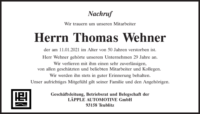  Traueranzeige für Thomas Wehner vom 15.01.2021 aus Mittelbayerische Zeitung Regensburg
