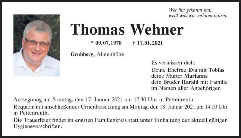 Traueranzeige für Thomas Wehner vom 14.01.2021 aus Mittelbayerische Zeitung Regensburg