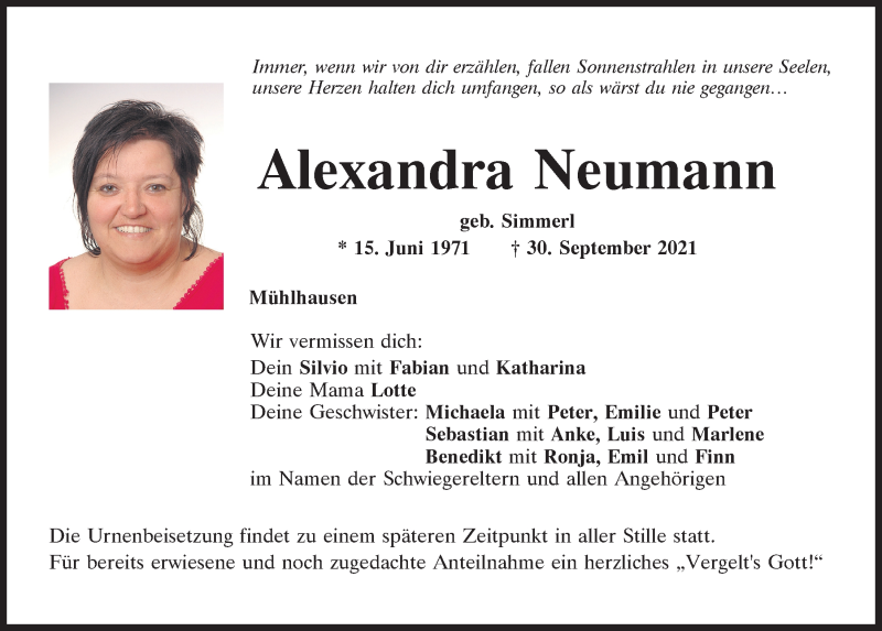  Traueranzeige für Alexandra Neumann vom 06.10.2021 aus Mittelbayerische Zeitung Kelheim