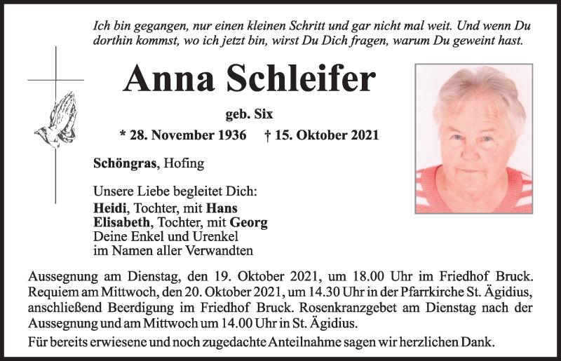  Traueranzeige für Anna Schleifer vom 18.10.2021 aus Mittelbayerische Zeitung Schwandorf