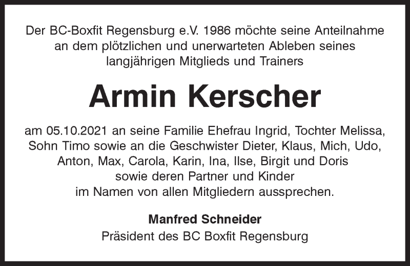  Traueranzeige für Armin Kerscher vom 09.10.2021 aus Mittelbayerische Zeitung Regensburg