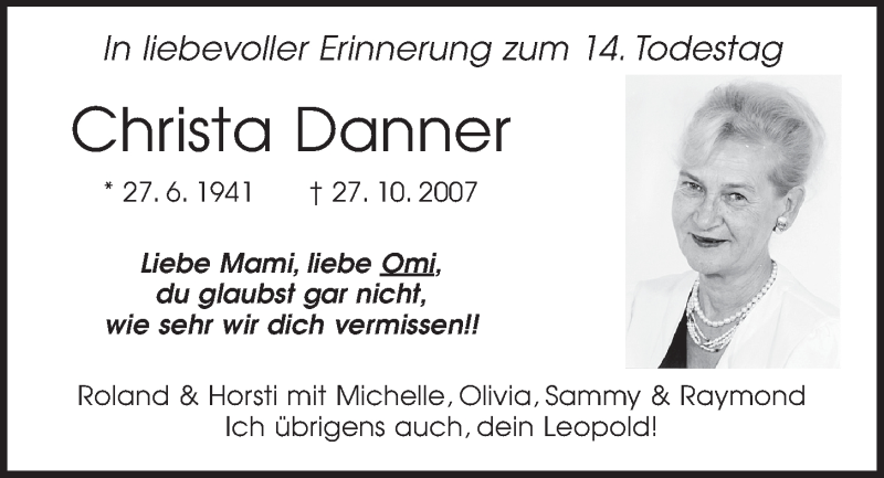  Traueranzeige für Christa Danner vom 23.10.2021 aus Mittelbayerische Zeitung Regensburg