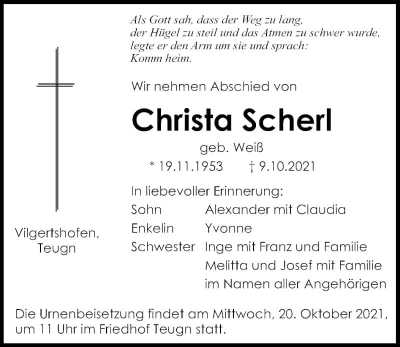  Traueranzeige für Christa Scherl vom 16.10.2021 aus Mittelbayerische Zeitung Kelheim