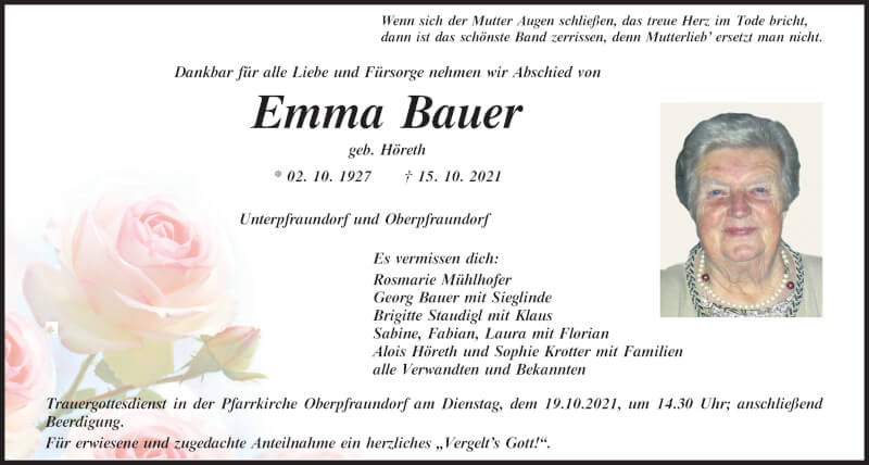  Traueranzeige für Emma Bauer vom 16.10.2021 aus Mittelbayerische Zeitung Regensburg