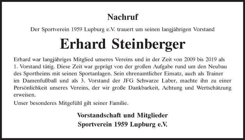  Traueranzeige für Erhard Steinberger vom 14.10.2021 aus Neumarkter Tagblatt
