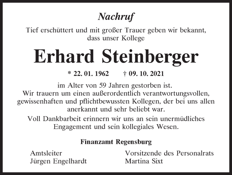  Traueranzeige für Erhard Steinberger vom 13.10.2021 aus Mittelbayerische Zeitung Regensburg