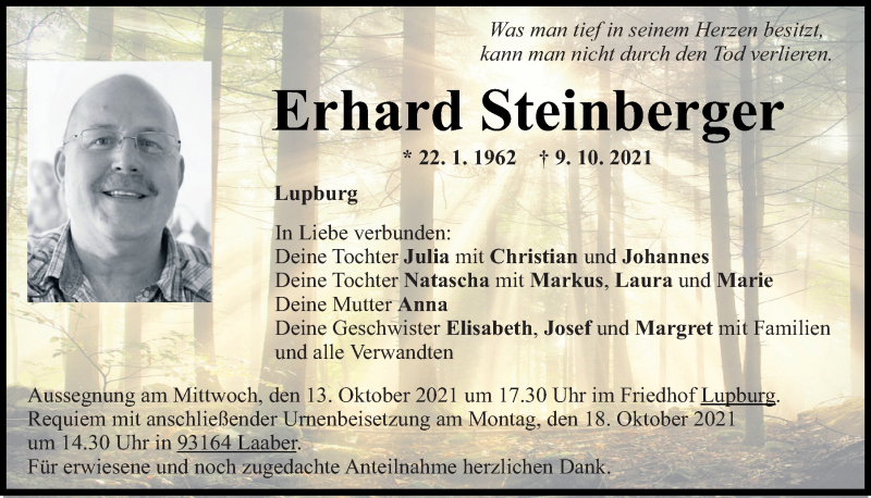  Traueranzeige für Erhard Steinberger vom 12.10.2021 aus Mittelbayerische Zeitung Regensburg