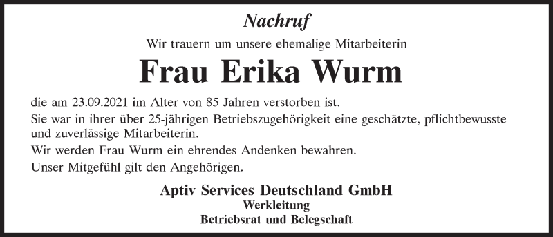  Traueranzeige für Erika Wurm vom 13.10.2021 aus Neumarkter Tagblatt