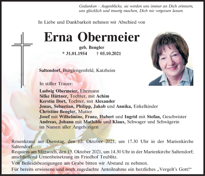  Traueranzeige für Erna Obermeier vom 09.10.2021 aus Mittelbayerische Zeitung Schwandorf