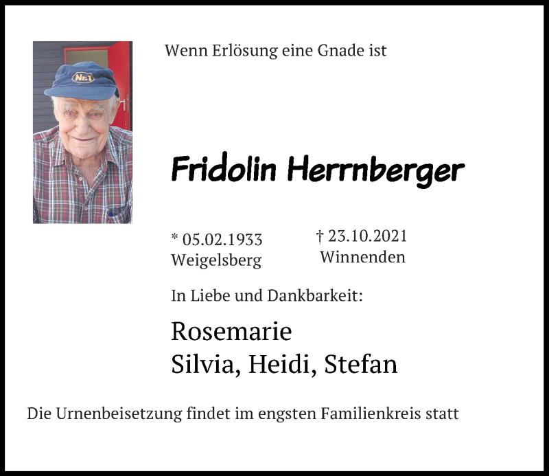  Traueranzeige für Fridolin Herrnberger vom 30.10.2021 aus Bayerwald Echo
