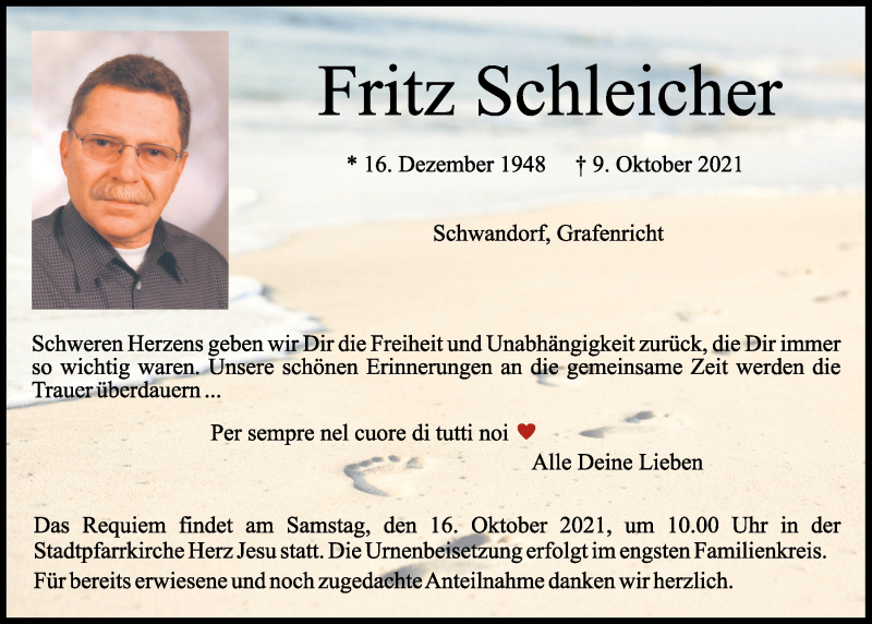  Traueranzeige für Fritz Schleicher vom 13.10.2021 aus Mittelbayerische Zeitung Schwandorf
