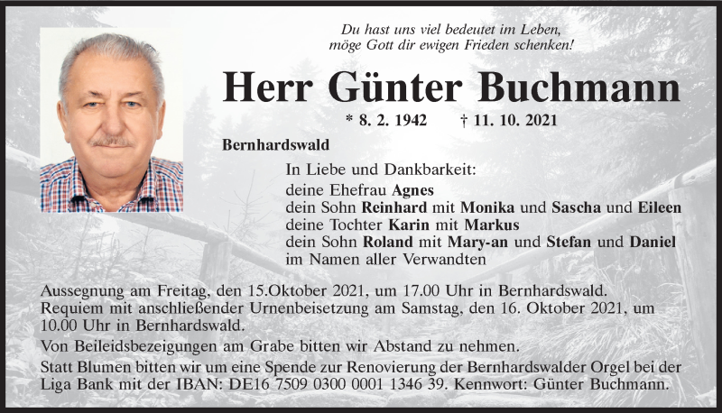  Traueranzeige für Günter Buchmann vom 13.10.2021 aus Mittelbayerische Zeitung Regensburg