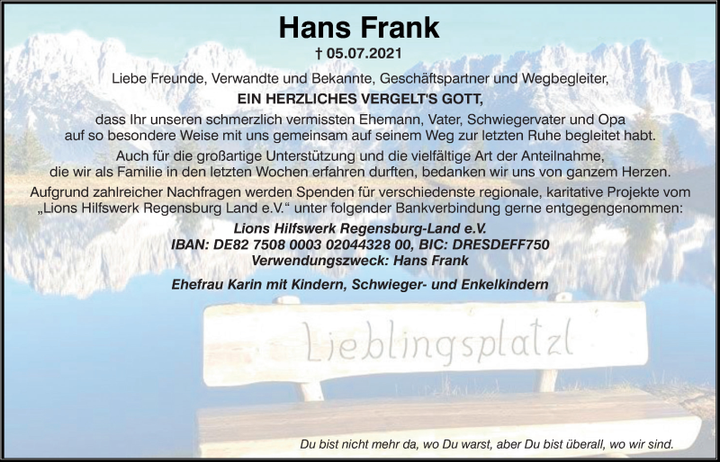  Traueranzeige für Hans Frank vom 30.10.2021 aus Mittelbayerische Zeitung Regensburg