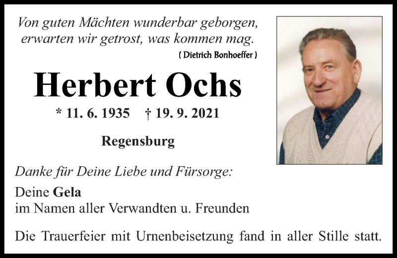  Traueranzeige für Herbert Ochs vom 02.10.2021 aus Mittelbayerische Zeitung Regensburg