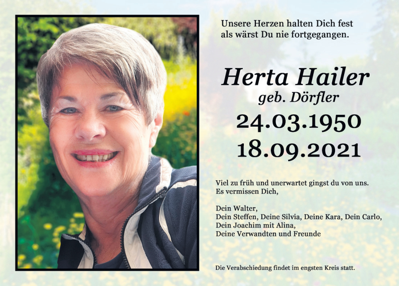  Traueranzeige für Herta Hailer vom 02.10.2021 aus Neumarkter Tagblatt