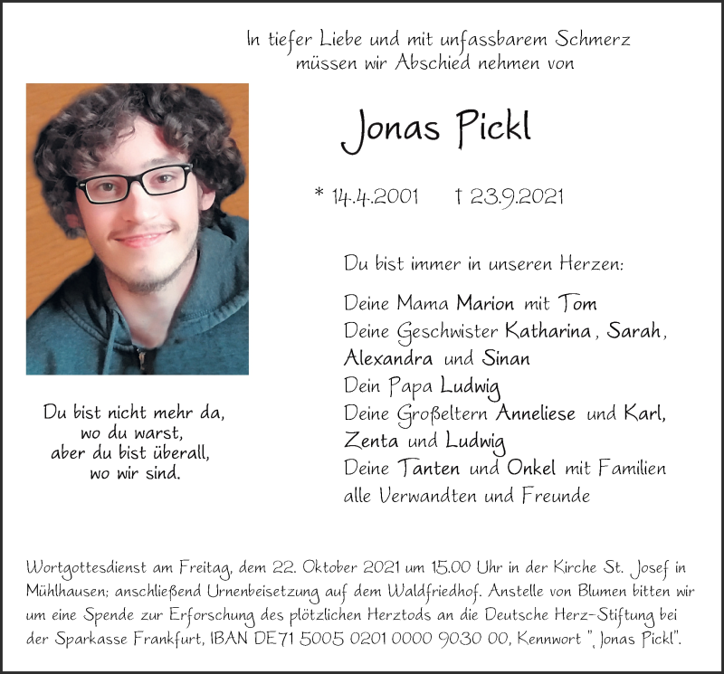  Traueranzeige für Jonas Pickl vom 20.10.2021 aus Neumarkter Tagblatt