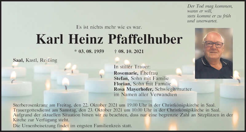  Traueranzeige für Karl Heinz Pfaffelhuber vom 16.10.2021 aus Mittelbayerische Zeitung Kelheim