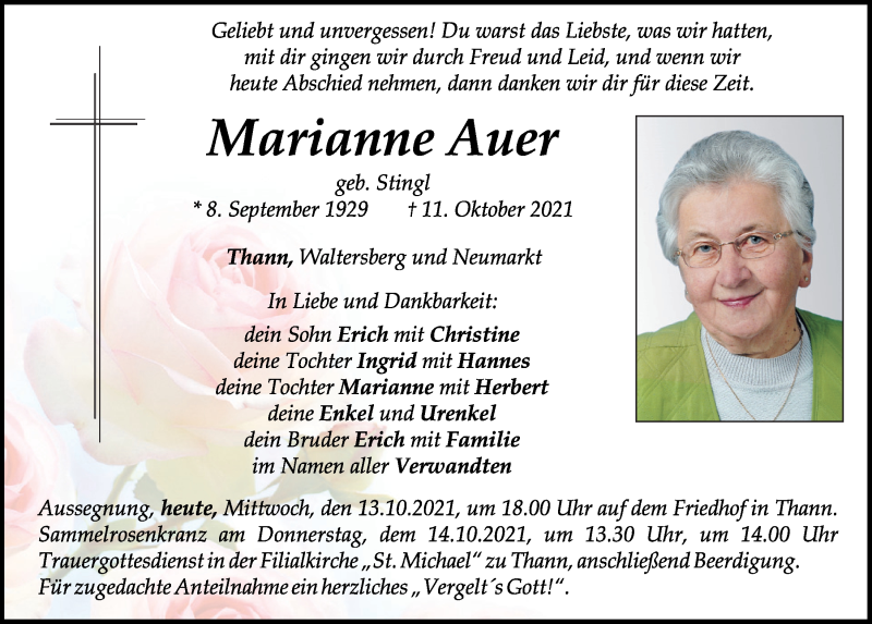  Traueranzeige für Marianne Auer vom 13.10.2021 aus Neumarkter Tagblatt