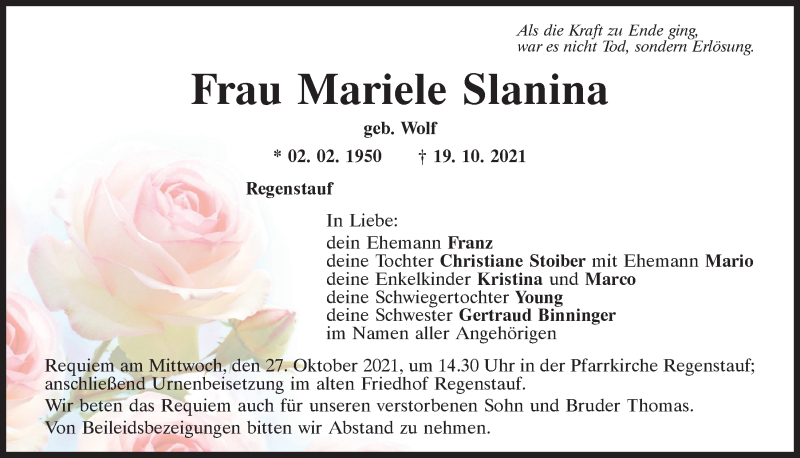  Traueranzeige für Mariele Slanina vom 23.10.2021 aus Mittelbayerische Zeitung Regensburg