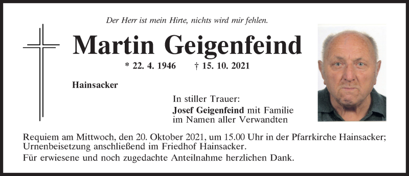  Traueranzeige für Martin Geigenfeind vom 18.10.2021 aus Mittelbayerische Zeitung Regensburg