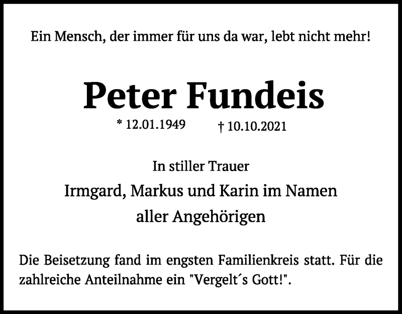  Traueranzeige für Peter Fundeis vom 23.10.2021 aus Mittelbayerische Zeitung Regensburg