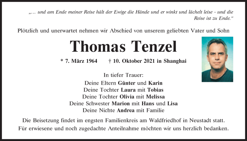  Traueranzeige für Thomas Tenzel vom 14.10.2021 aus Mittelbayerische Zeitung Kelheim