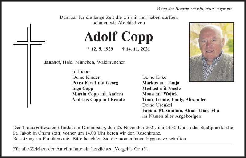  Traueranzeige für Adolf Copp vom 23.11.2021 aus Bayerwald Echo