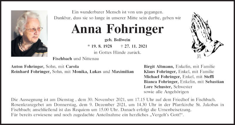  Traueranzeige für Anna Fohringer vom 29.11.2021 aus Mittelbayerische Zeitung Schwandorf