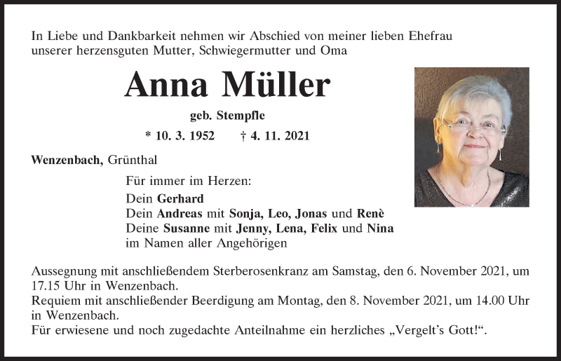  Traueranzeige für Anna Müller vom 06.11.2021 aus Mittelbayerische Zeitung Regensburg