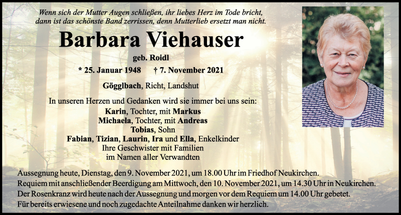  Traueranzeige für Barbara Viehauser vom 09.11.2021 aus Mittelbayerische Zeitung Schwandorf