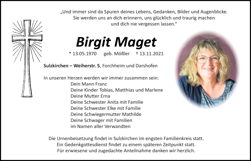  Traueranzeige für Birgit Maget vom 16.11.2021 aus Neumarkter Tagblatt