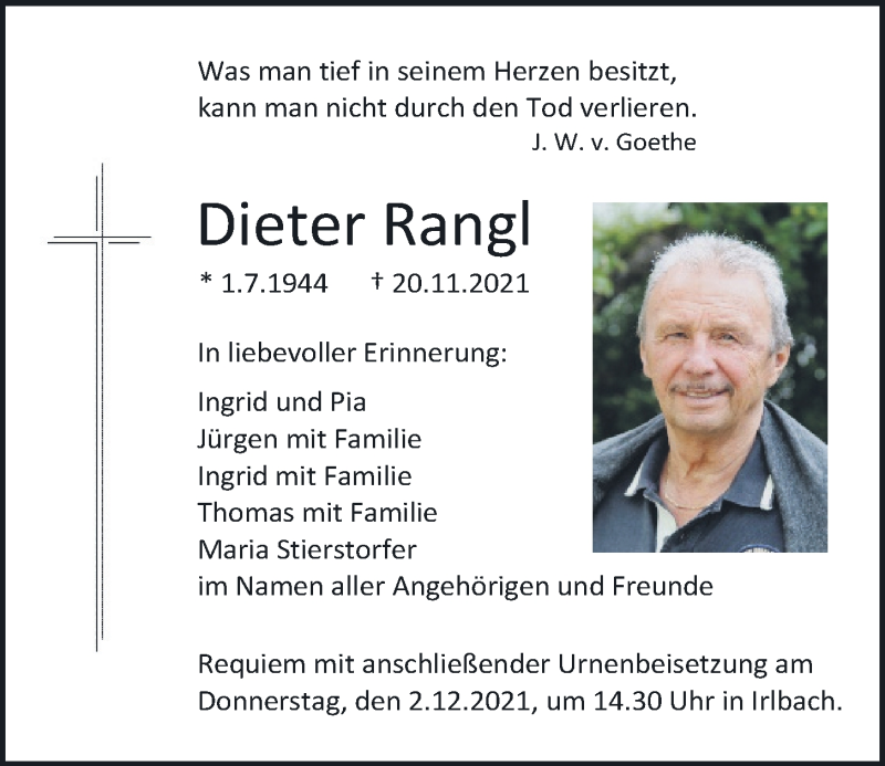  Traueranzeige für Dieter Rangl vom 27.11.2021 aus Mittelbayerische Zeitung Regensburg