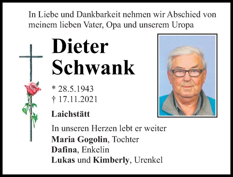  Traueranzeige für Dieter Schwank vom 30.11.2021 aus Bayerwald Echo