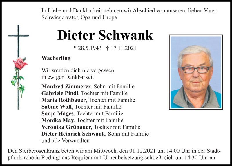  Traueranzeige für Dieter Schwank vom 27.11.2021 aus Bayerwald Echo