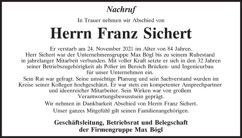  Traueranzeige für Franz Sichert vom 27.11.2021 aus Neumarkter Tagblatt