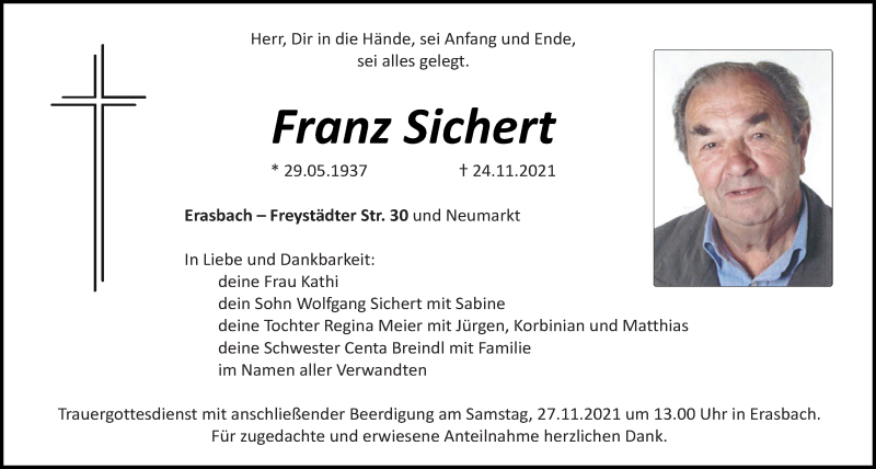  Traueranzeige für Franz Sichert vom 26.11.2021 aus Neumarkter Tagblatt