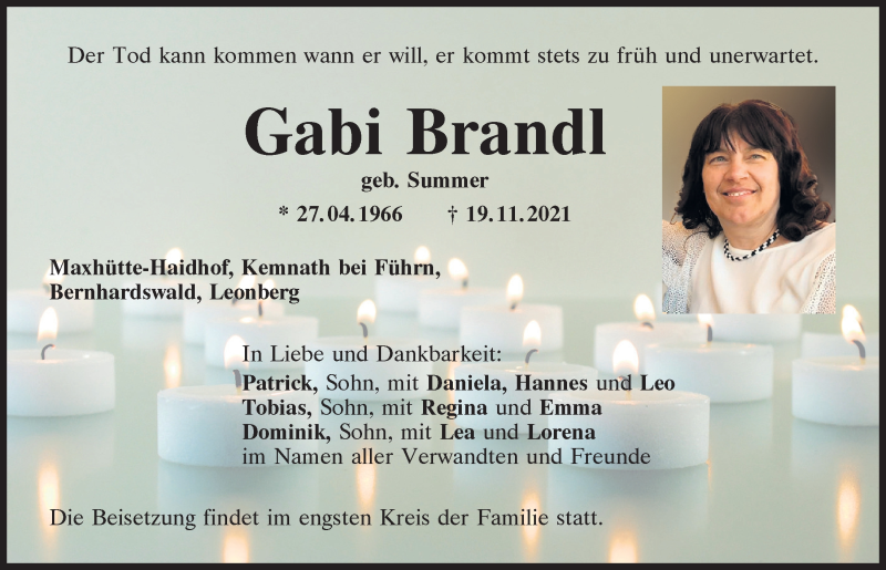  Traueranzeige für Gabi Brandl vom 27.11.2021 aus Mittelbayerische Zeitung Schwandorf