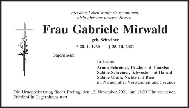  Traueranzeige für Gabriele Mirwald vom 06.11.2021 aus Mittelbayerische Zeitung Regensburg