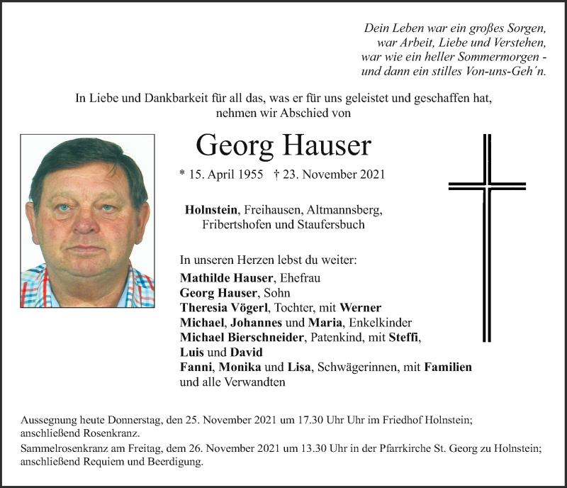  Traueranzeige für Georg Hauser vom 25.11.2021 aus Neumarkter Tagblatt