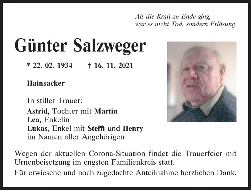  Traueranzeige für Günter Salzweger vom 20.11.2021 aus Mittelbayerische Zeitung Regensburg
