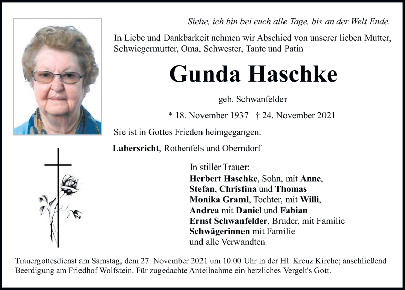  Traueranzeige für Gunda Haschke vom 25.11.2021 aus Neumarkter Tagblatt