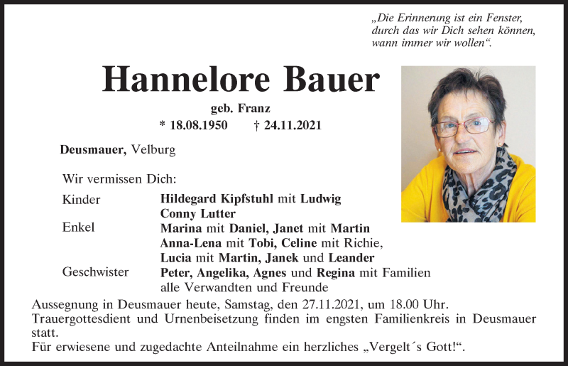  Traueranzeige für Hannelore Bauer vom 27.11.2021 aus Neumarkter Tagblatt