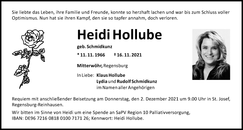  Traueranzeige für Heidi Hollube vom 27.11.2021 aus Mittelbayerische Zeitung Regensburg