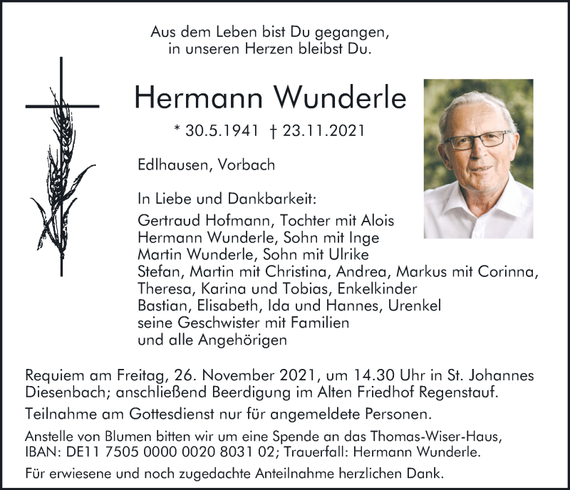  Traueranzeige für Hermann Wunderle vom 25.11.2021 aus Mittelbayerische Zeitung Regensburg