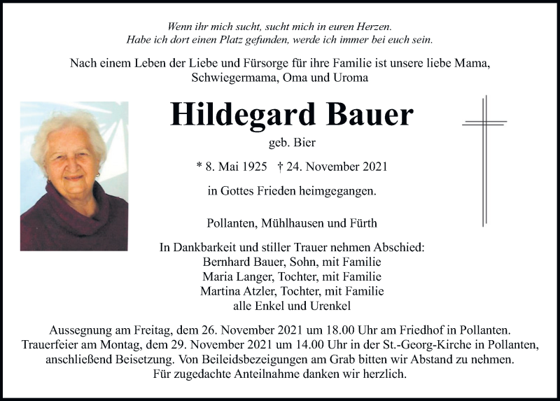  Traueranzeige für Hildegard Bauer vom 26.11.2021 aus Neumarkter Tagblatt