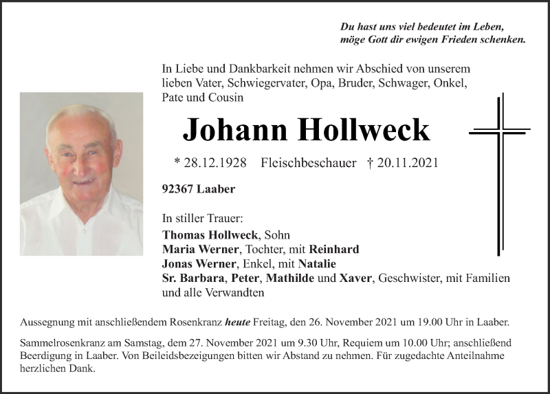  Traueranzeige für Johann Hollweck vom 26.11.2021 aus Neumarkter Tagblatt