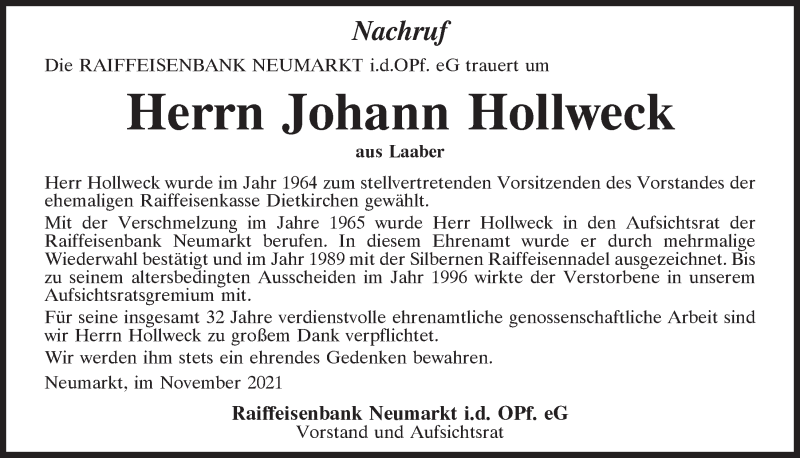  Traueranzeige für Johann Hollweck vom 30.11.2021 aus Neumarkter Tagblatt